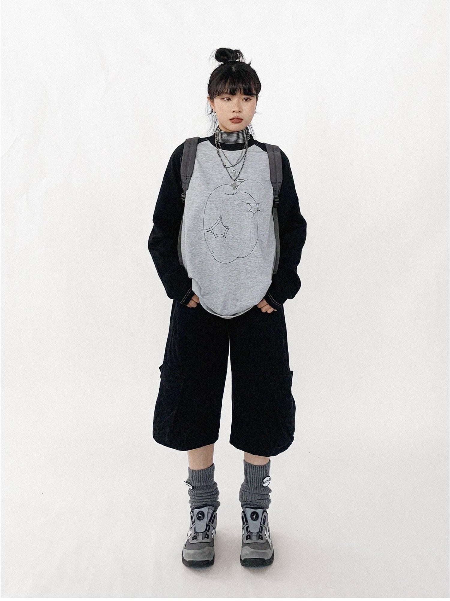 innomoood Apple Stitch Line Print T-shirt Long Sleeve Raglan Unisex