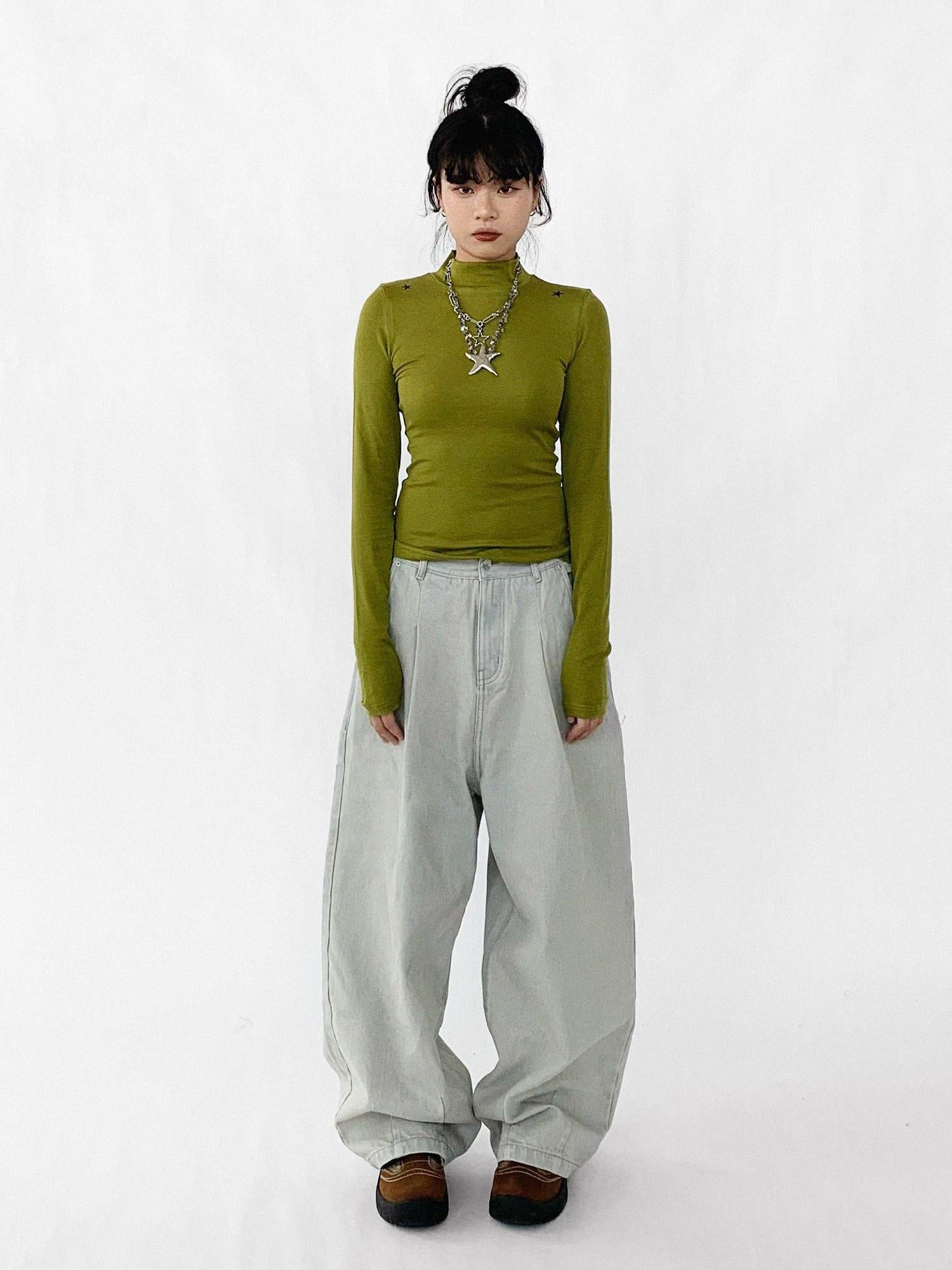 innomoood Baggy Wide Leg Denim Trousers In Sea Salt Wash