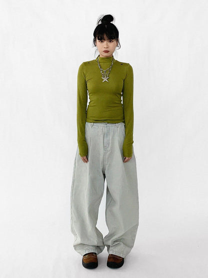 innomoood Baggy Wide Leg Denim Trousers In Sea Salt Wash