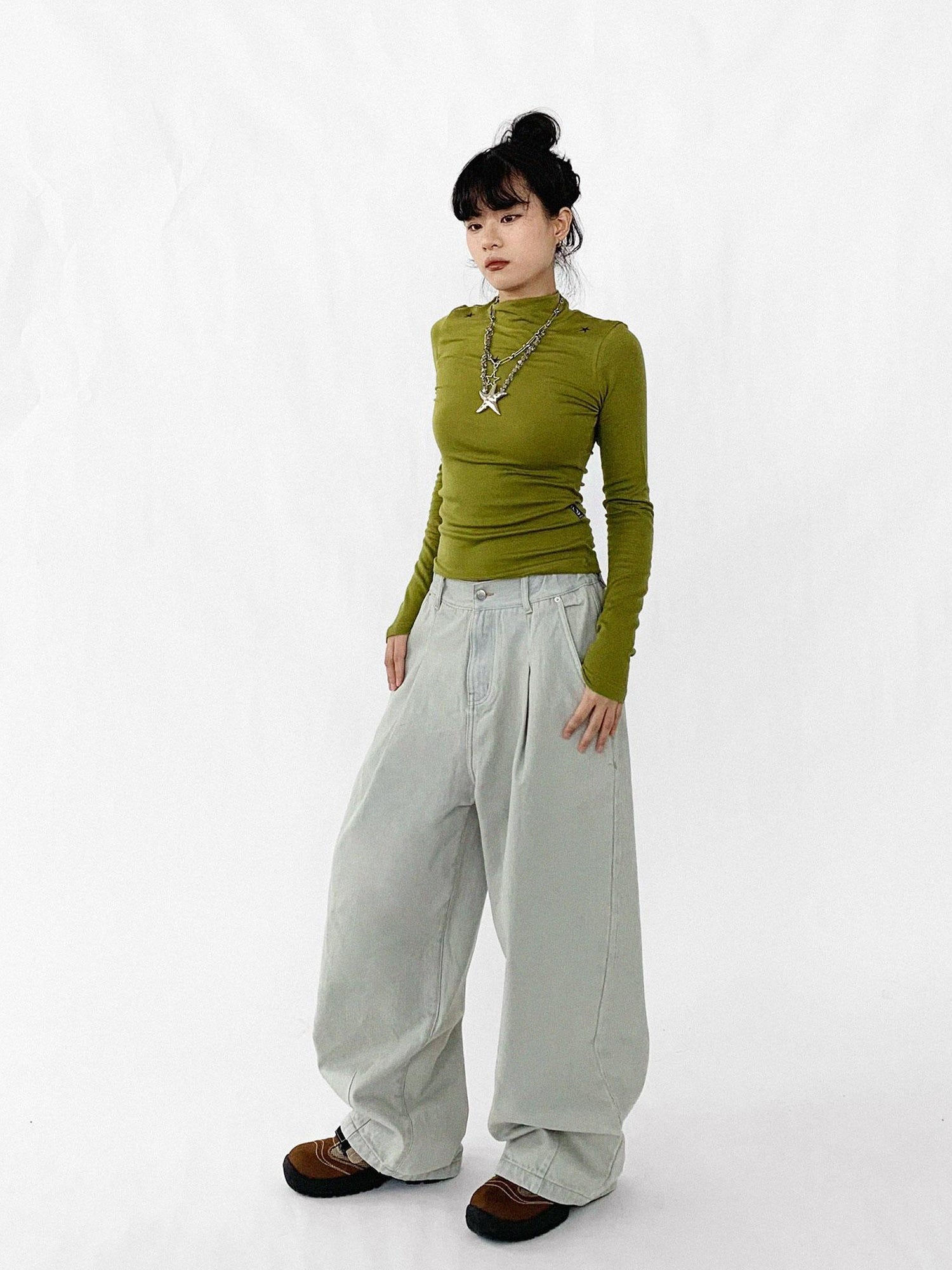 innomoood Baggy Wide Leg Denim Trousers In Sea Salt Wash