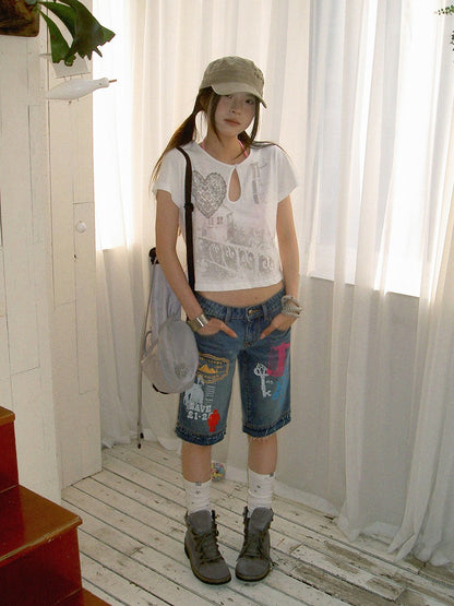 innomoood Bamboo White Heart Print Hollowout Vintage Women&