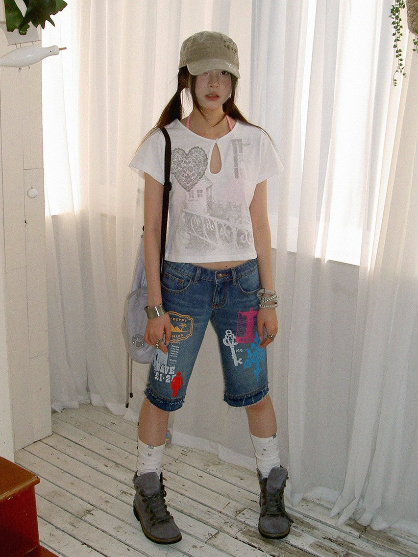 innomoood Bamboo White Heart Print Hollowout Vintage Women&