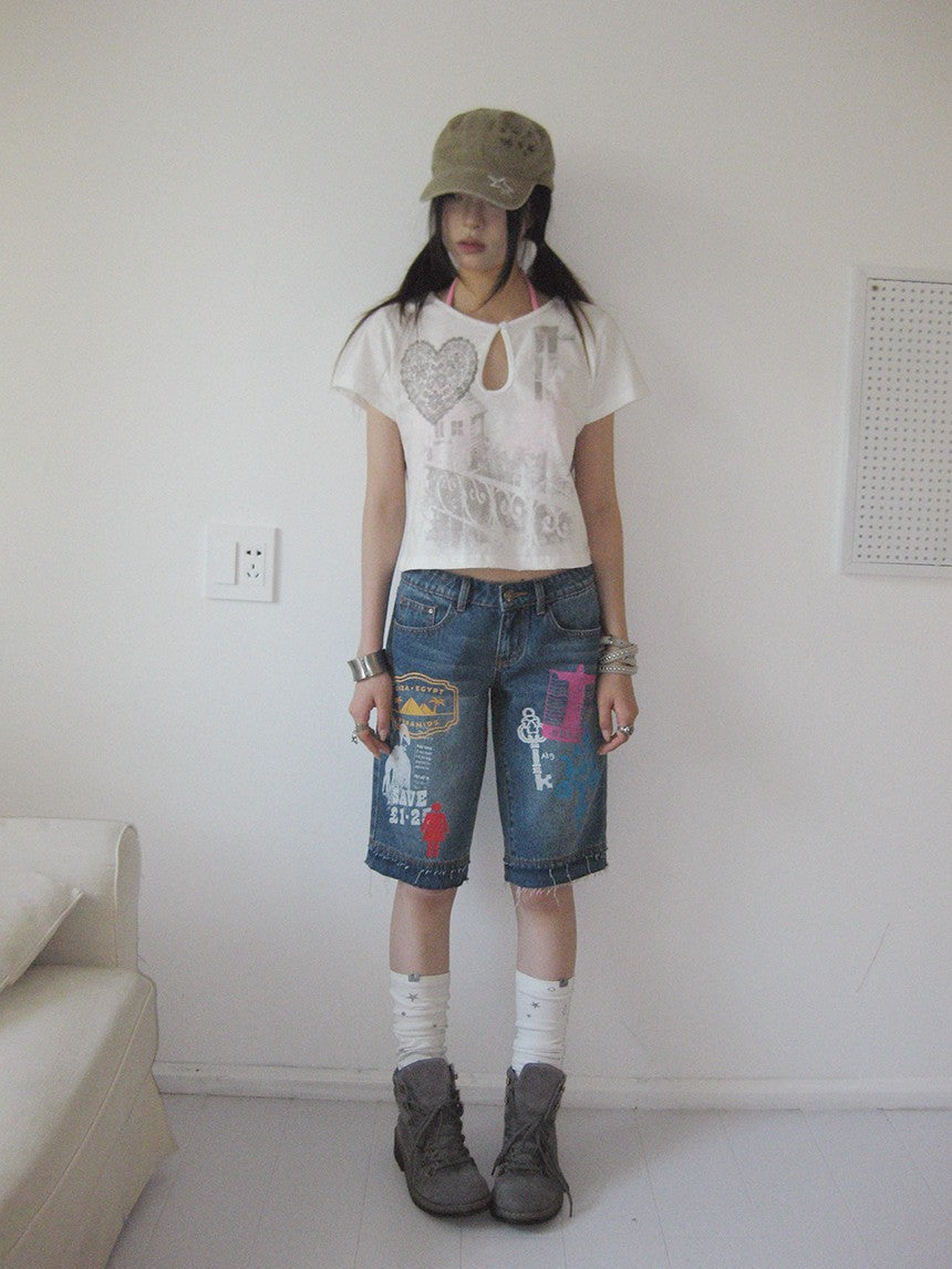 innomoood Bamboo White Heart Print Hollowout Vintage Women&