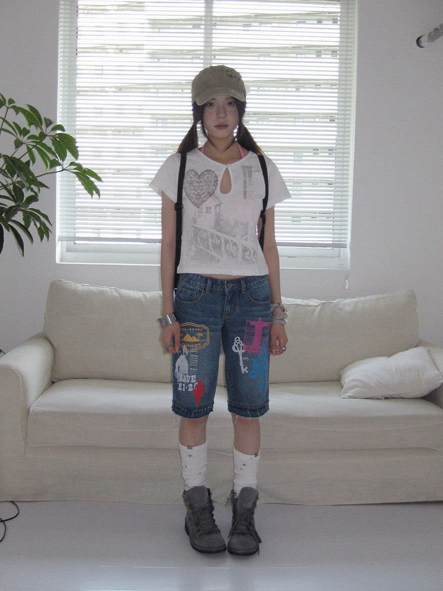 innomoood Bamboo White Heart Print Hollowout Vintage Women&