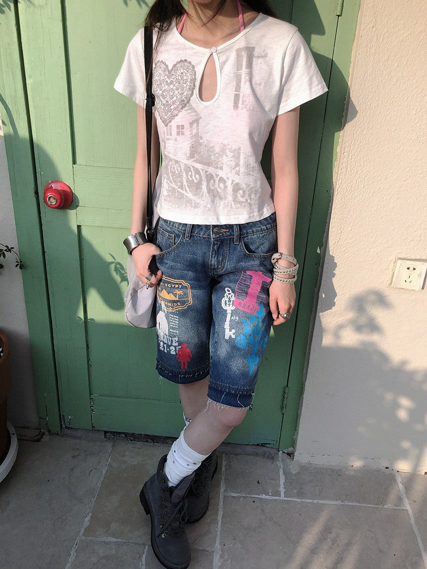 innomoood Bamboo White Heart Print Hollowout Vintage Women&