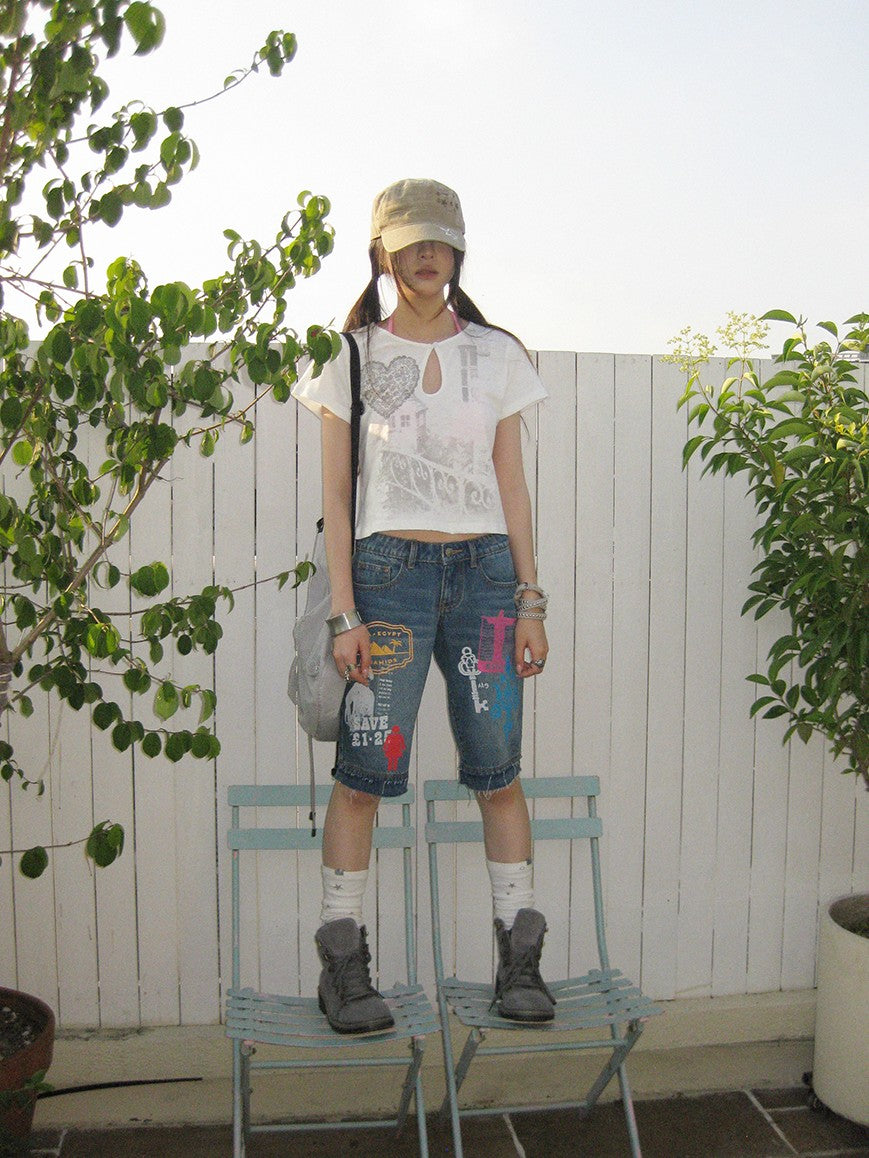 innomoood Bamboo White Heart Print Hollowout Vintage Women&