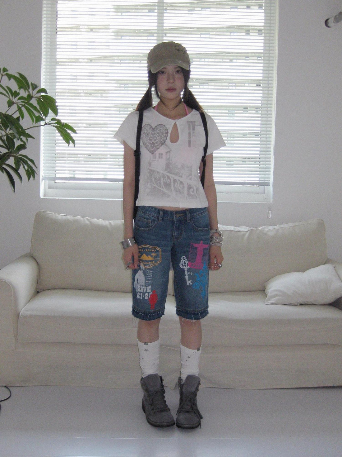 innomoood Bamboo White Heart Print Hollowout Vintage Women&
