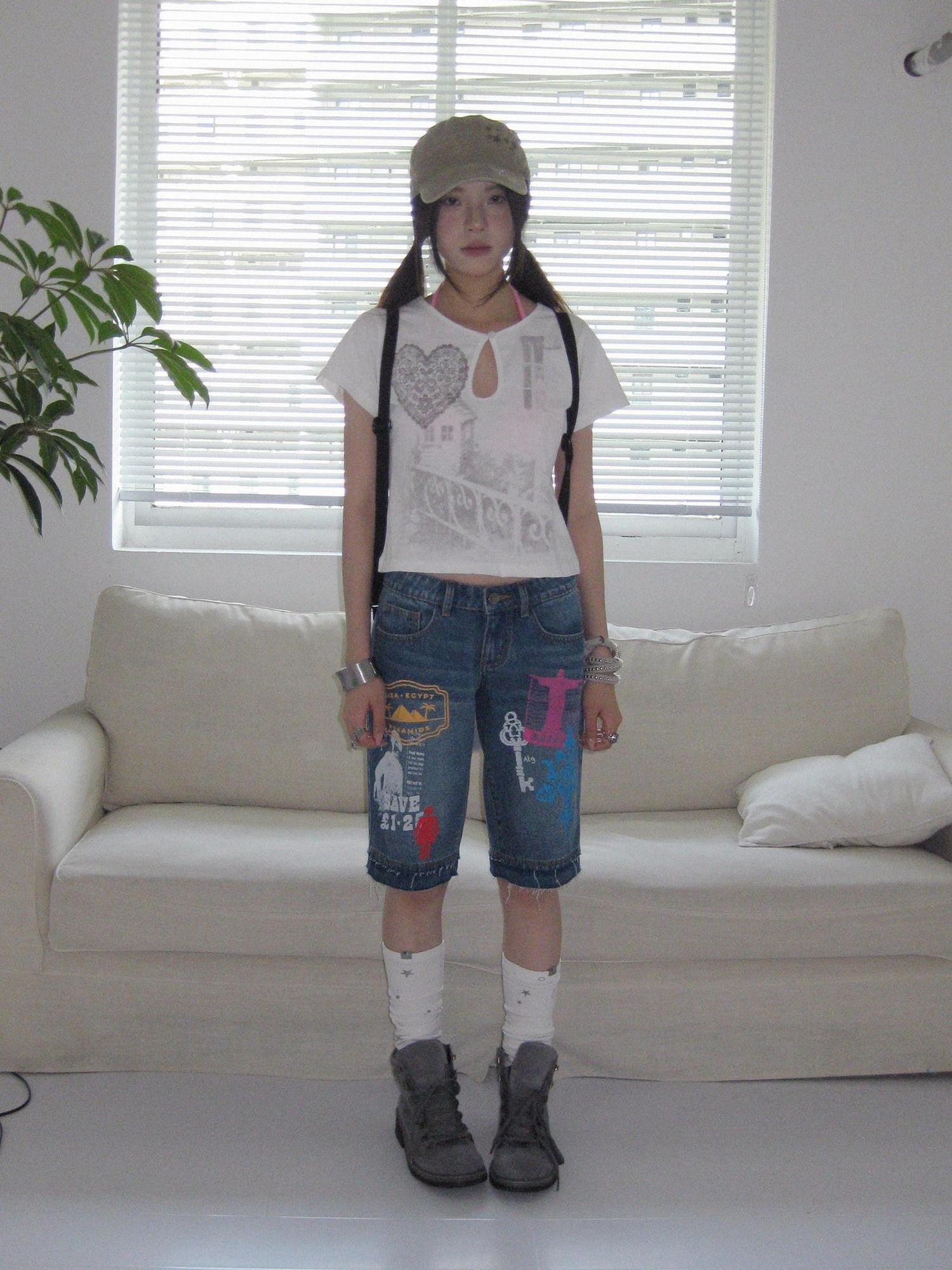 innomoood Bamboo White Heart Print Hollowout Vintage Women&