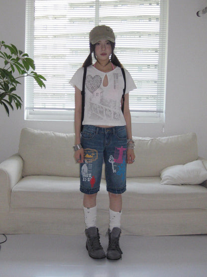 innomoood Bamboo White Heart Print Hollowout Vintage Women&