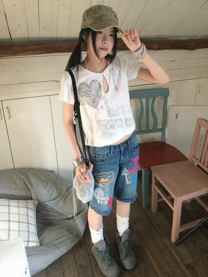 innomoood Bamboo White Heart Print Hollowout Vintage Women&
