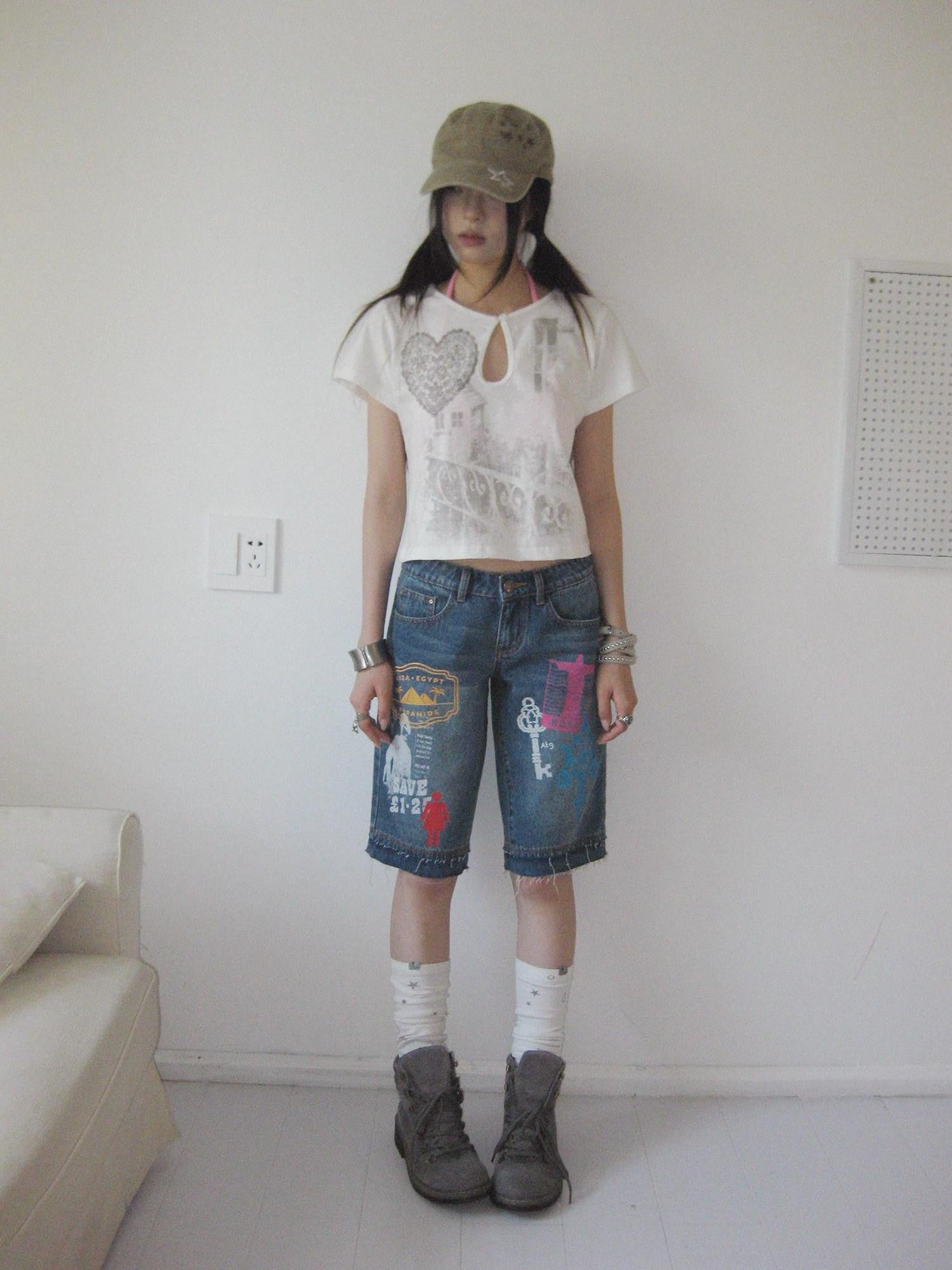 innomoood Bamboo White Heart Print Hollowout Vintage Women&