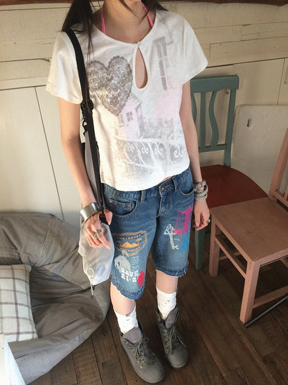 innomoood Bamboo White Heart Print Hollowout Vintage Women&