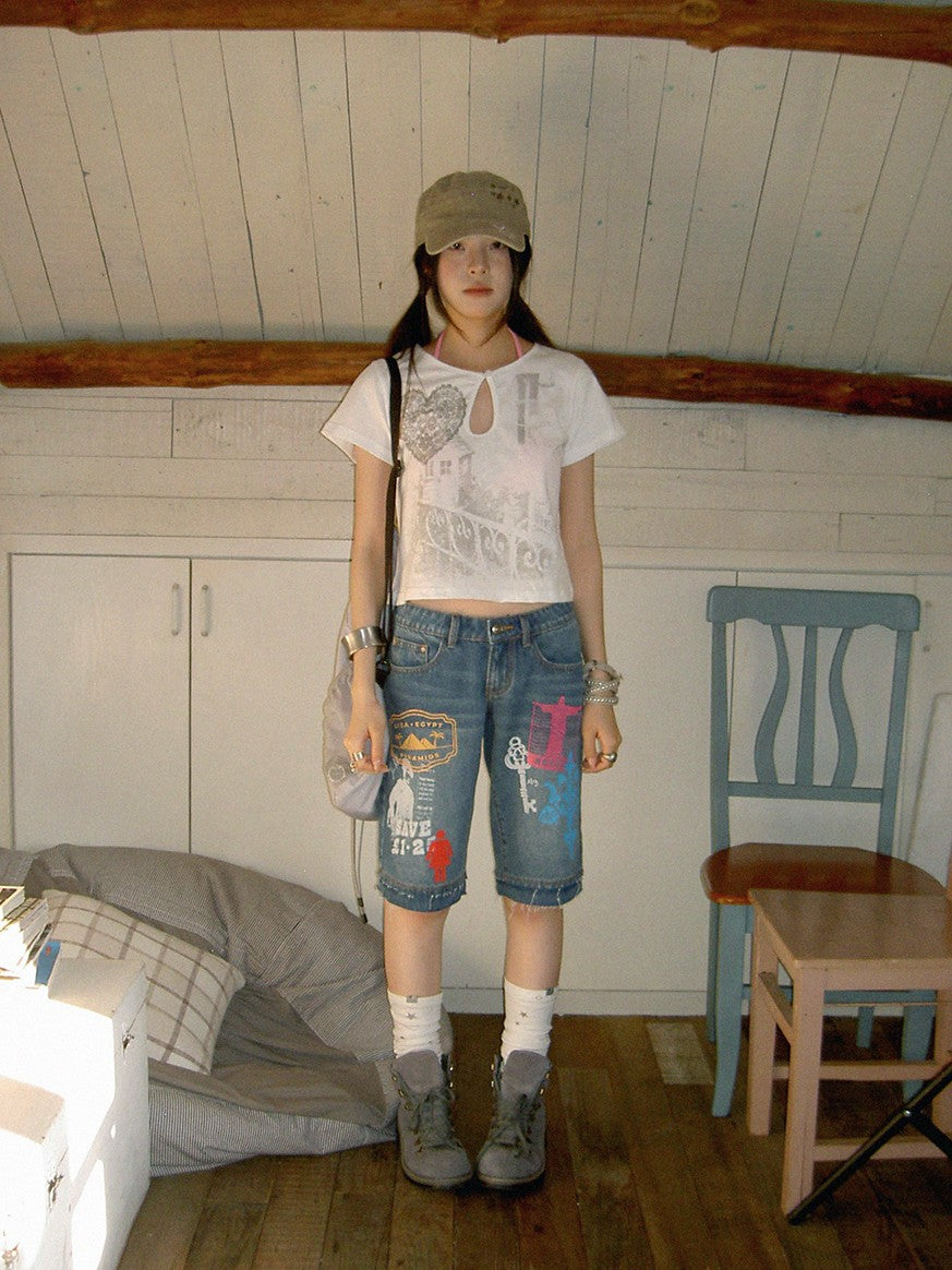 innomoood Bamboo White Heart Print Hollowout Vintage Women&