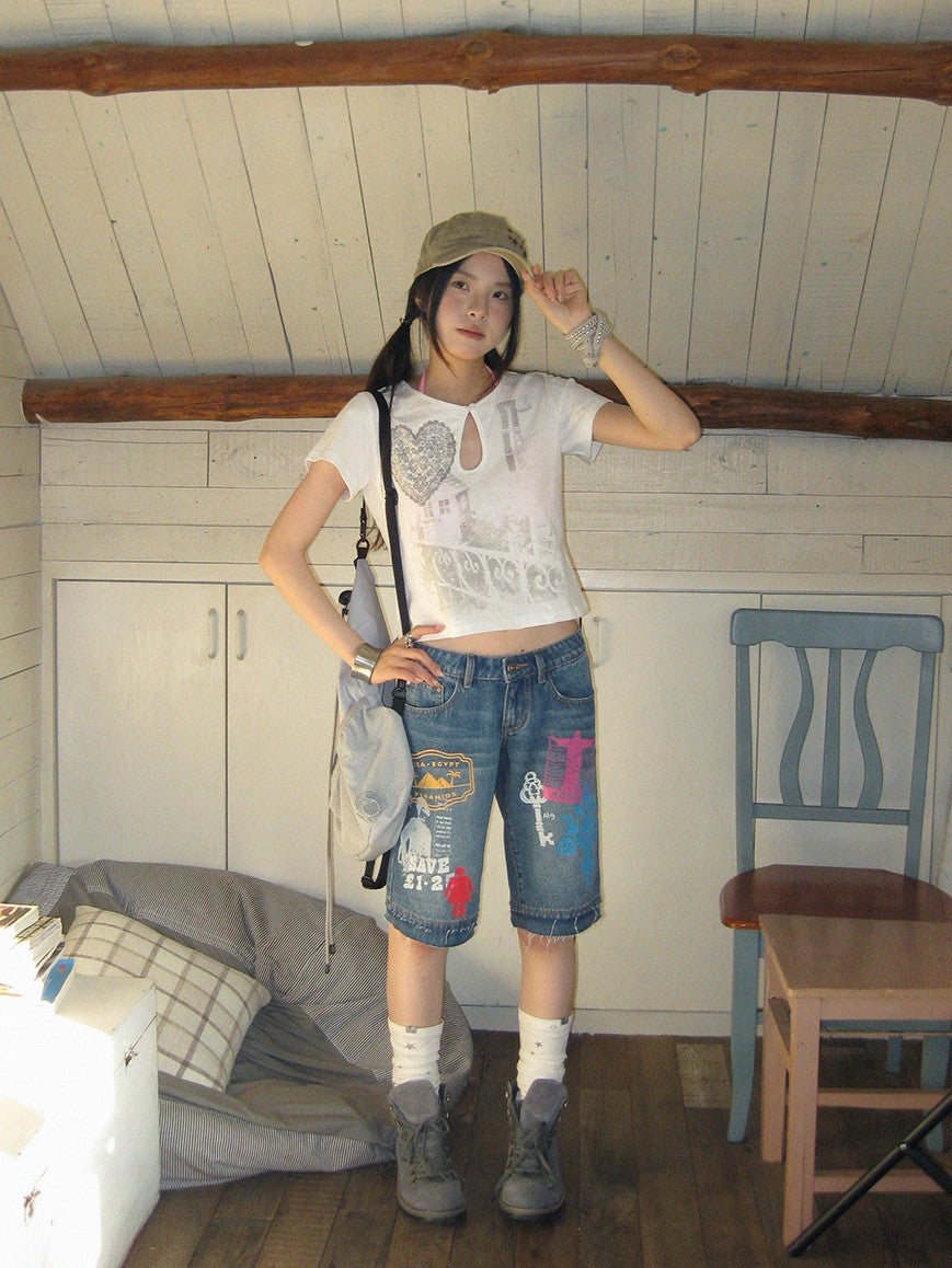 innomoood Bamboo White Heart Print Hollowout Vintage Women&