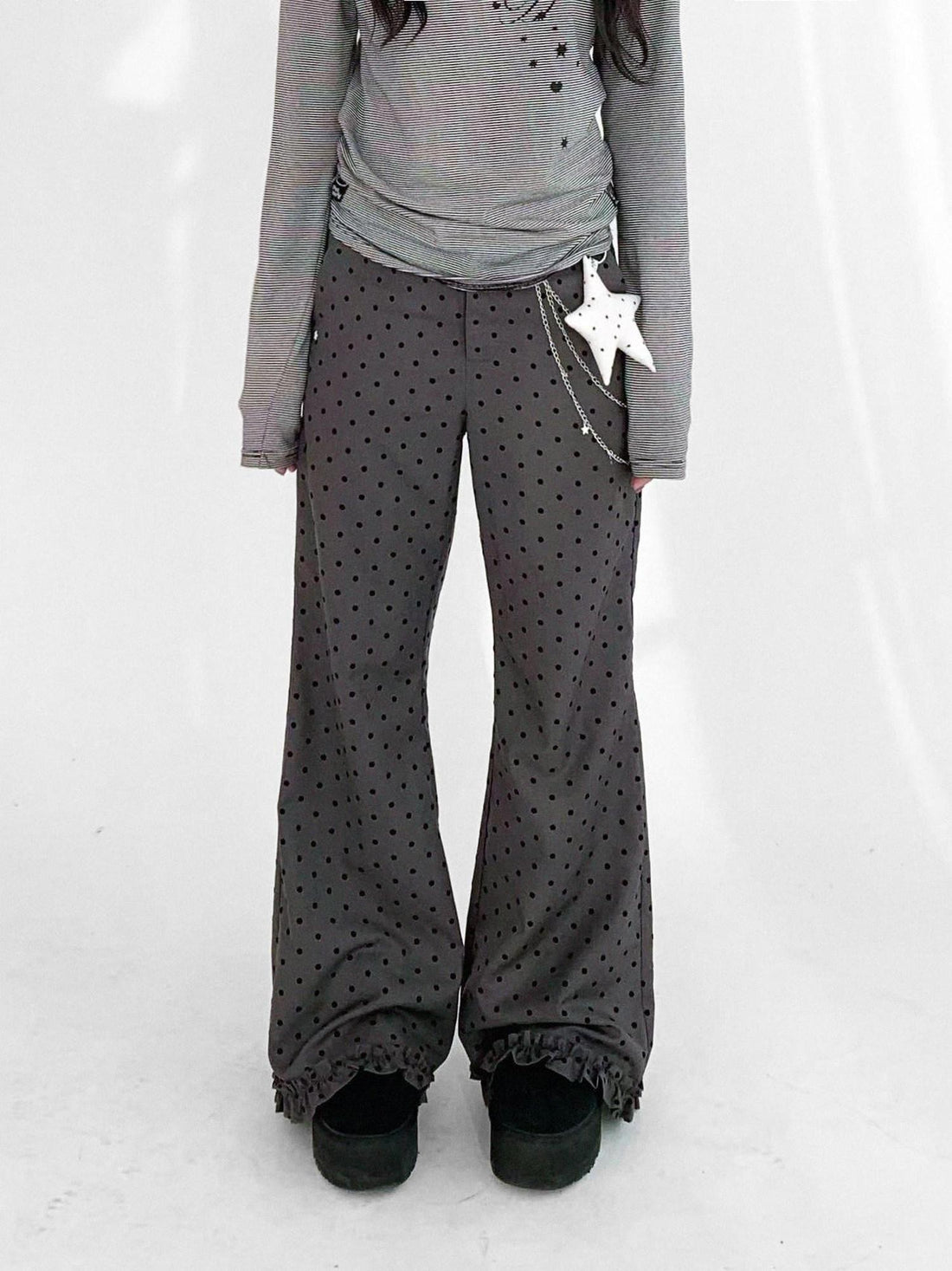 innomoood Black Sugar Polka Dot Flocked Ruffle Low Rise Micro Flare Women&
