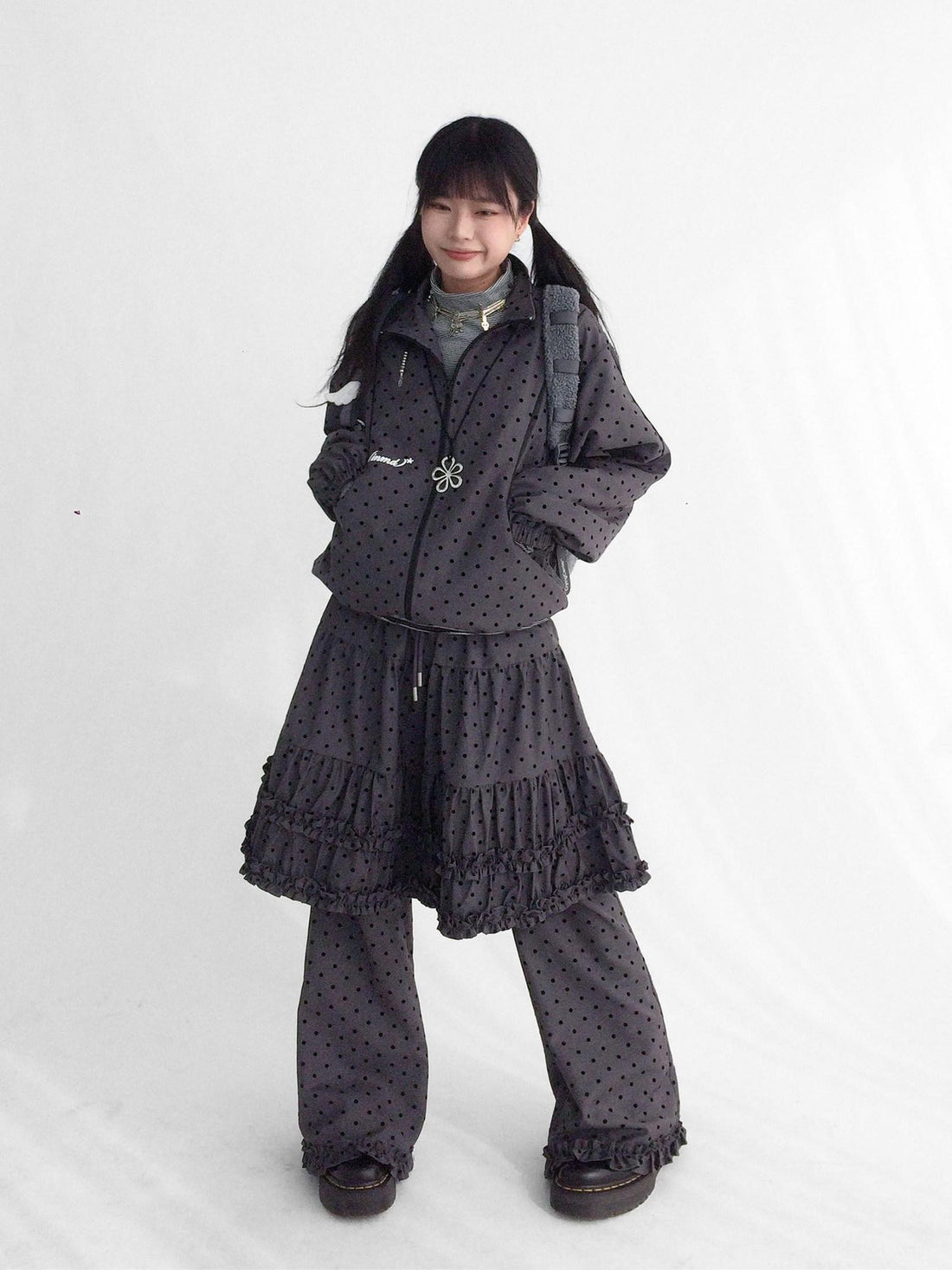 innomoood Black Sugar Polka Dot Flocked Ruffle Low Rise Micro Flare Women&