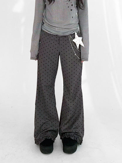innomoood Black Sugar Polka Dot Flocked Ruffle Low Rise Micro Flare Women&
