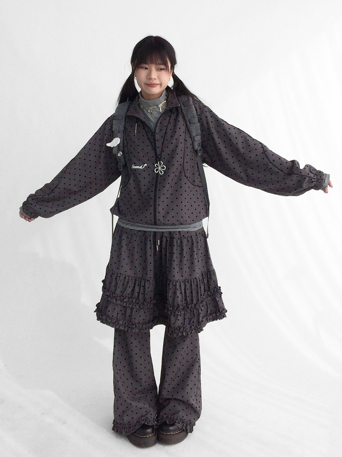 innomoood Black Sugar Polka Dot Flocked Ruffle Low Rise Micro Flare Women&