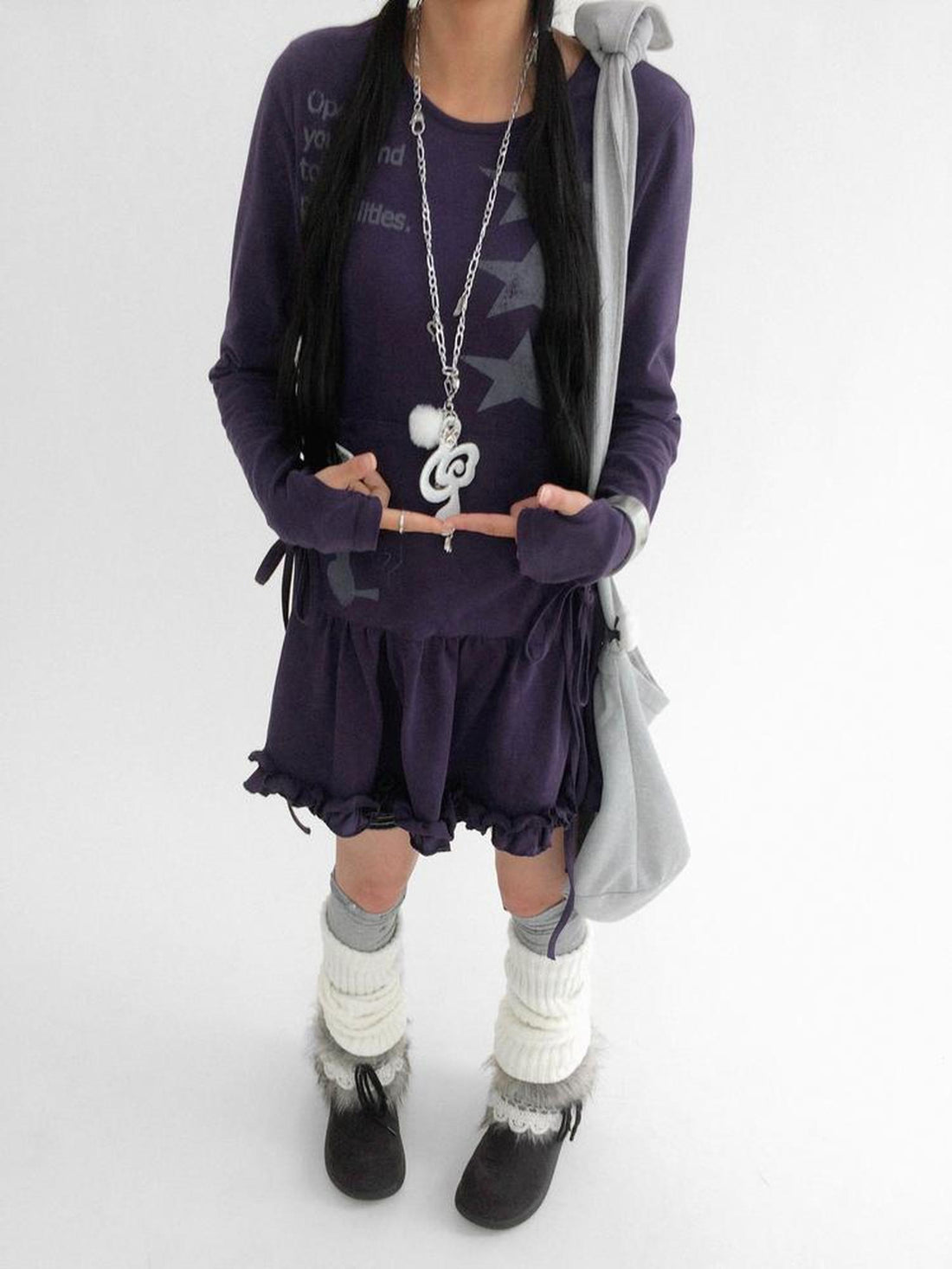 innomoood Blackberry Ruffle Print Drawstring Mini Dress