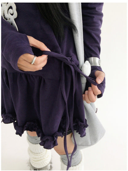 innomoood Blackberry Ruffle Print Drawstring Mini Dress