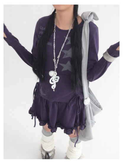 innomoood Blackberry Ruffle Print Drawstring Mini Dress