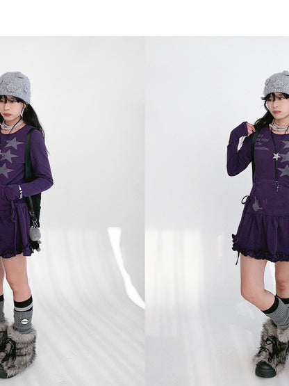 innomoood Blackberry Ruffle Print Drawstring Mini Dress
