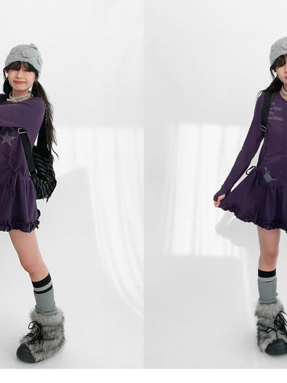 innomoood Blackberry Ruffle Print Drawstring Mini Dress