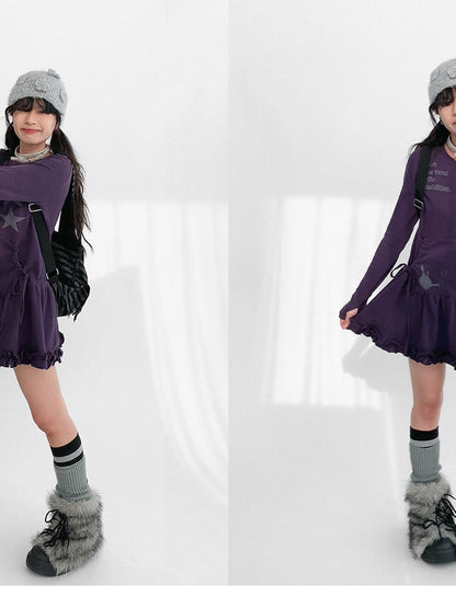 Blackberry Ruffle Print Drawstring Mini Dress