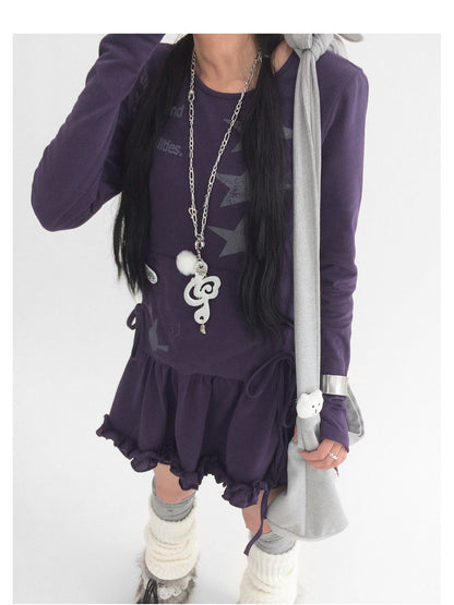 innomoood Blackberry Ruffle Print Drawstring Mini Dress