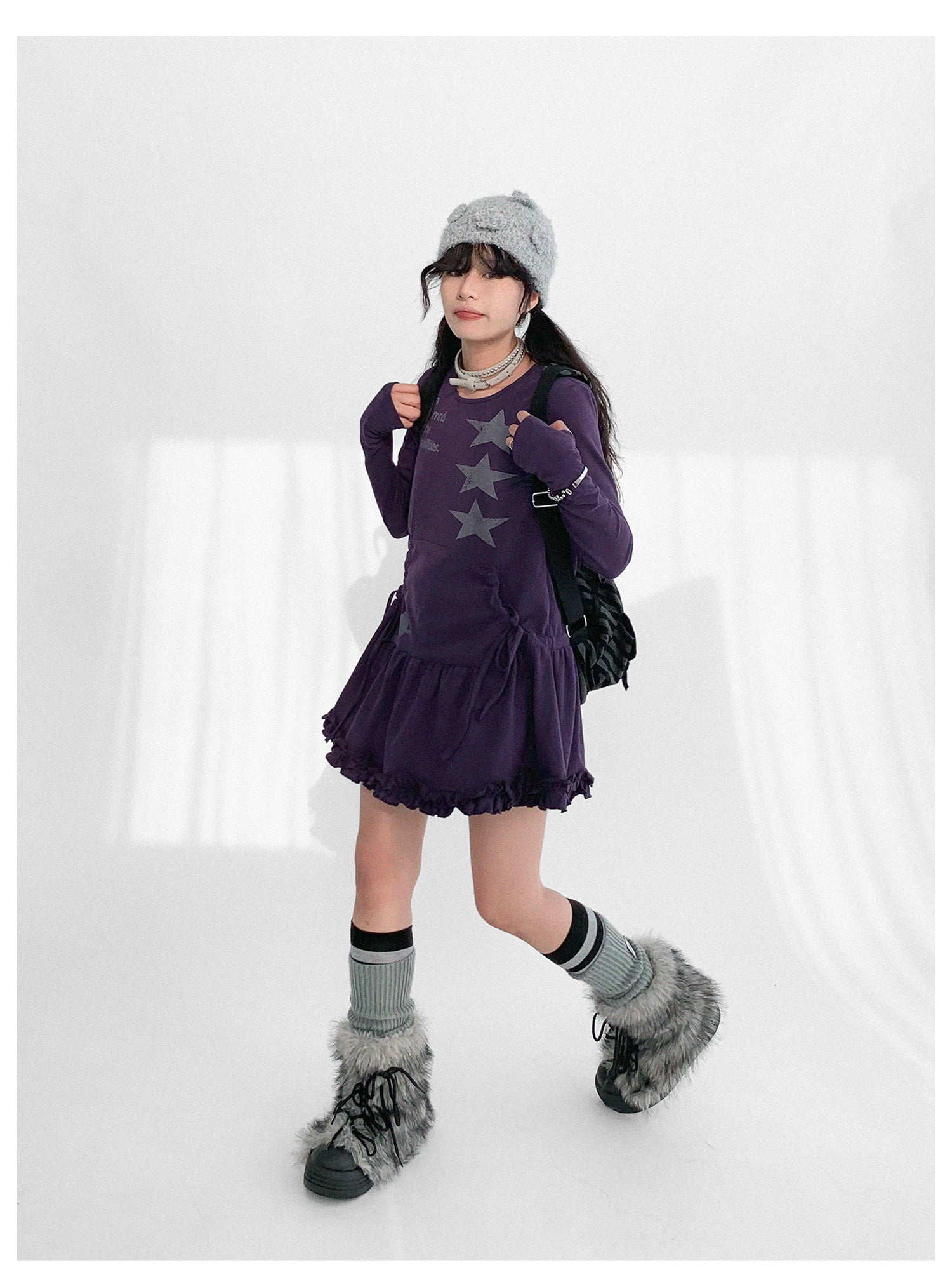 innomoood Blackberry Ruffle Print Drawstring Mini Dress