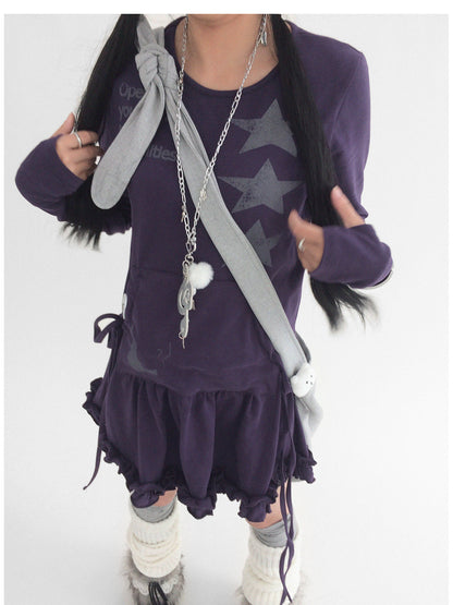 innomoood Blackberry Ruffle Print Drawstring Mini Dress