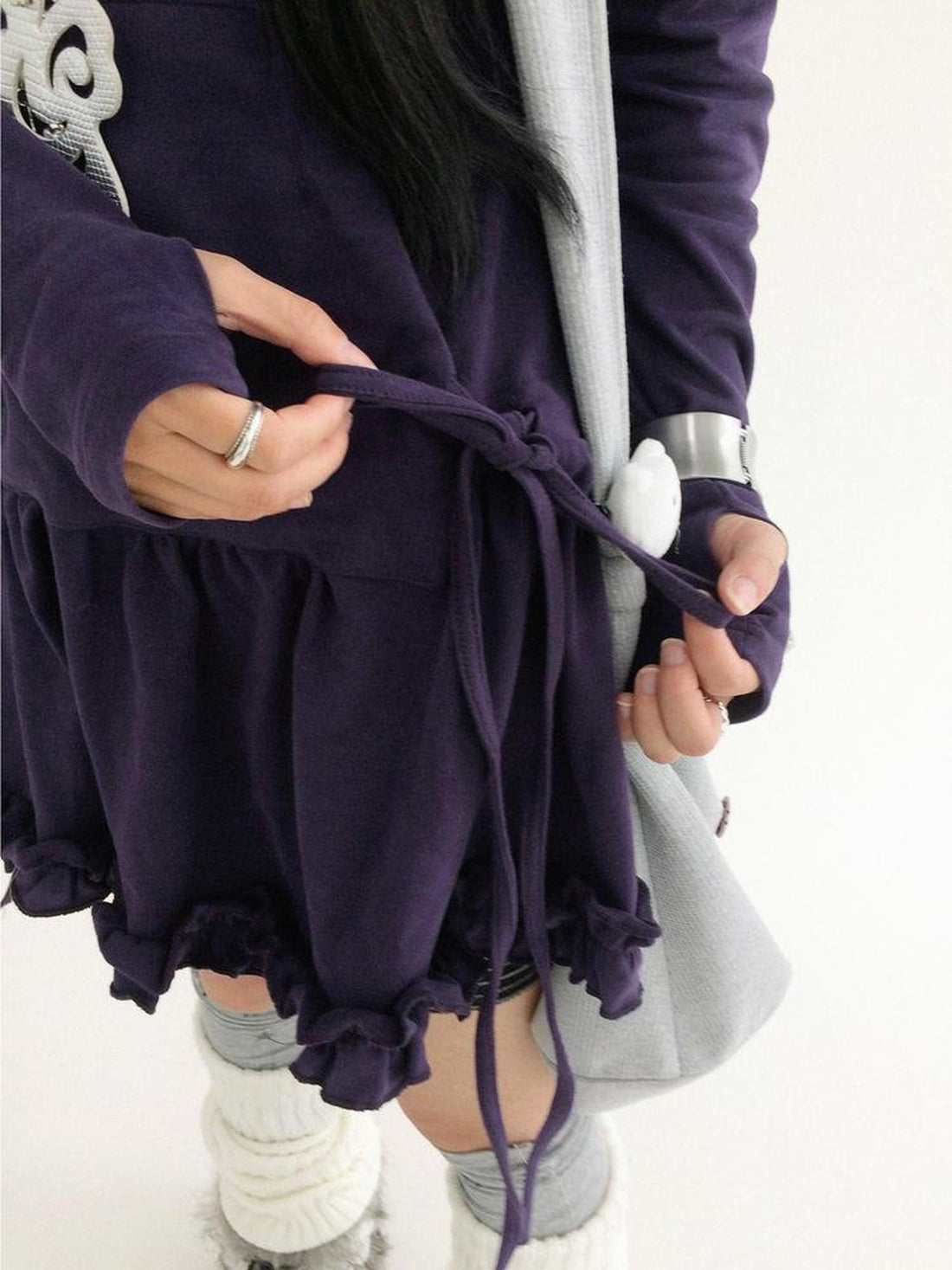 innomoood Blackberry Ruffle Print Drawstring Mini Dress