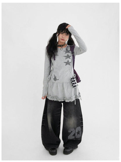 innomoood Blackberry Ruffle Print Drawstring Mini Dress