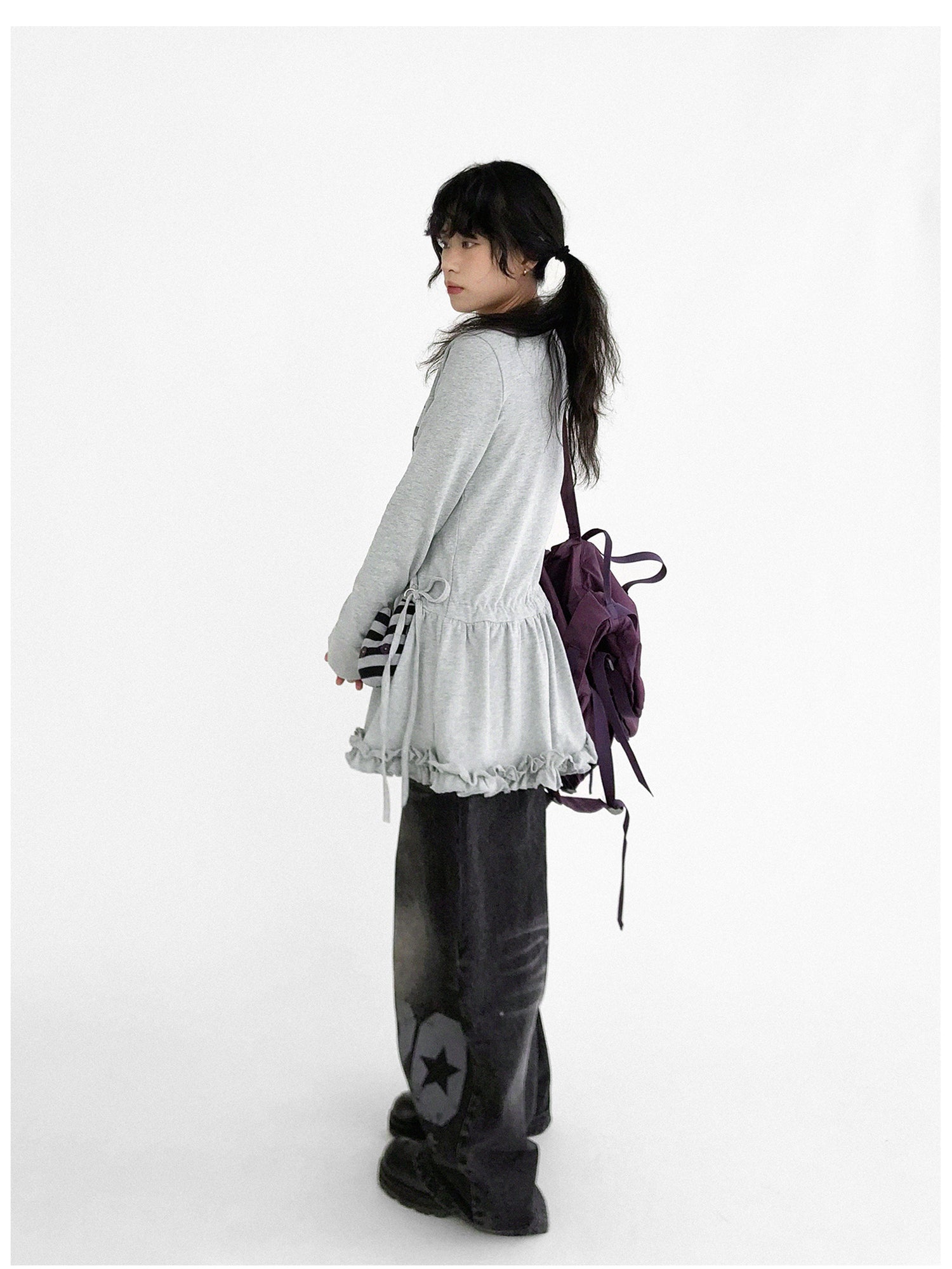innomoood Blackberry Ruffle Print Drawstring Mini Dress