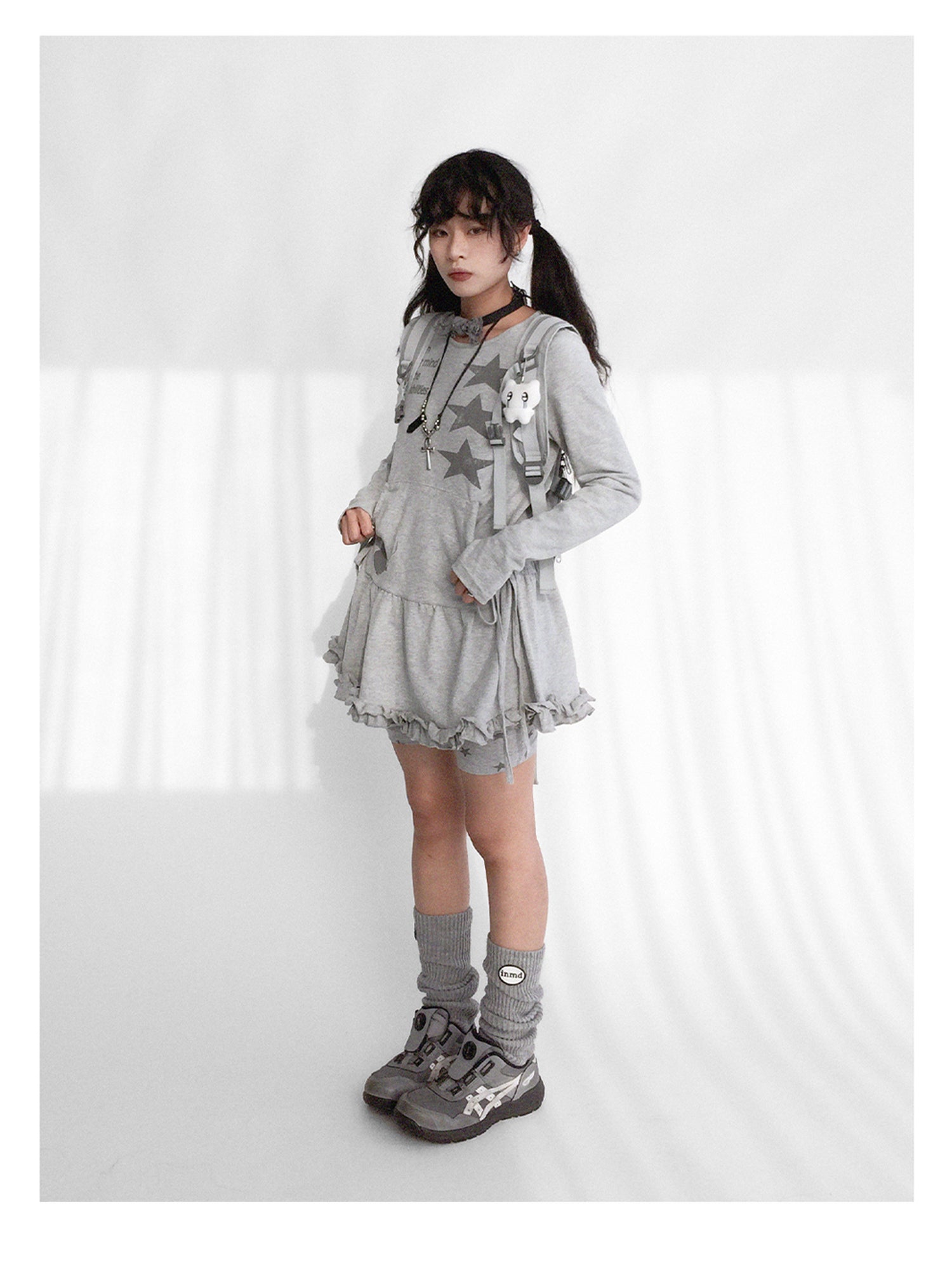 innomoood Blackberry Ruffle Print Drawstring Mini Dress
