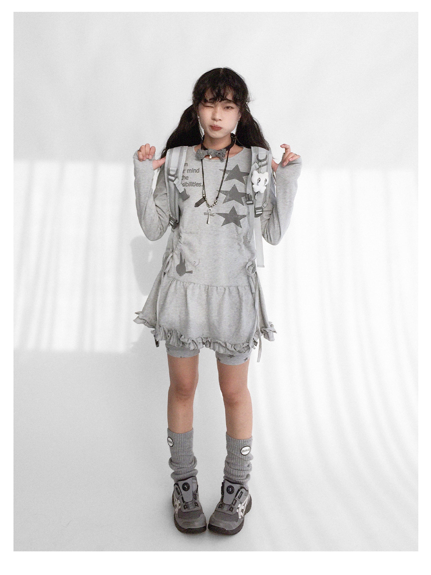 innomoood Blackberry Ruffle Print Drawstring Mini Dress