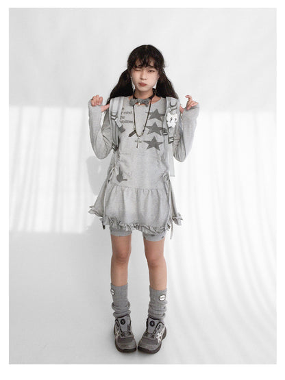 innomoood Blackberry Ruffle Print Drawstring Mini Dress