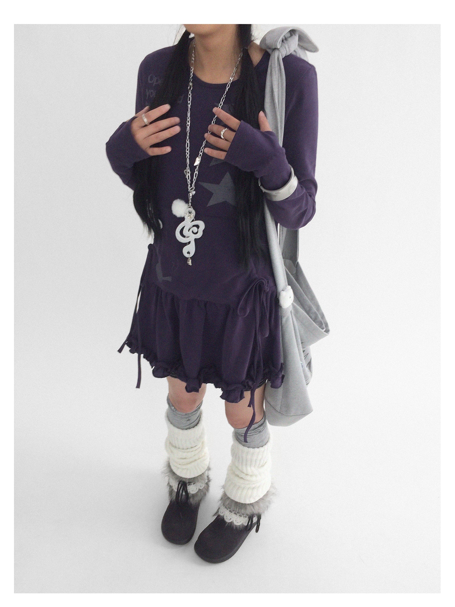 innomoood Blackberry Ruffle Print Drawstring Mini Dress