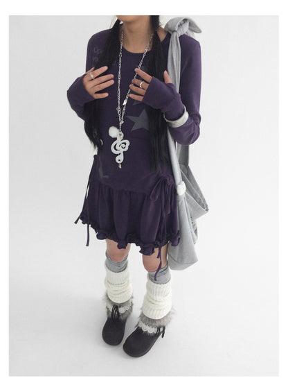 innomoood Blackberry Ruffle Print Drawstring Mini Dress