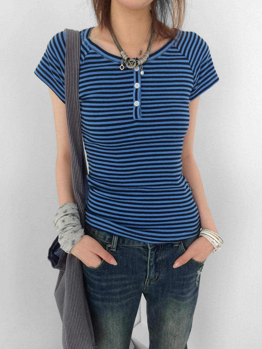 innomoood Blueberry Stripe Colorblock V-neck Open Front Slim Women&