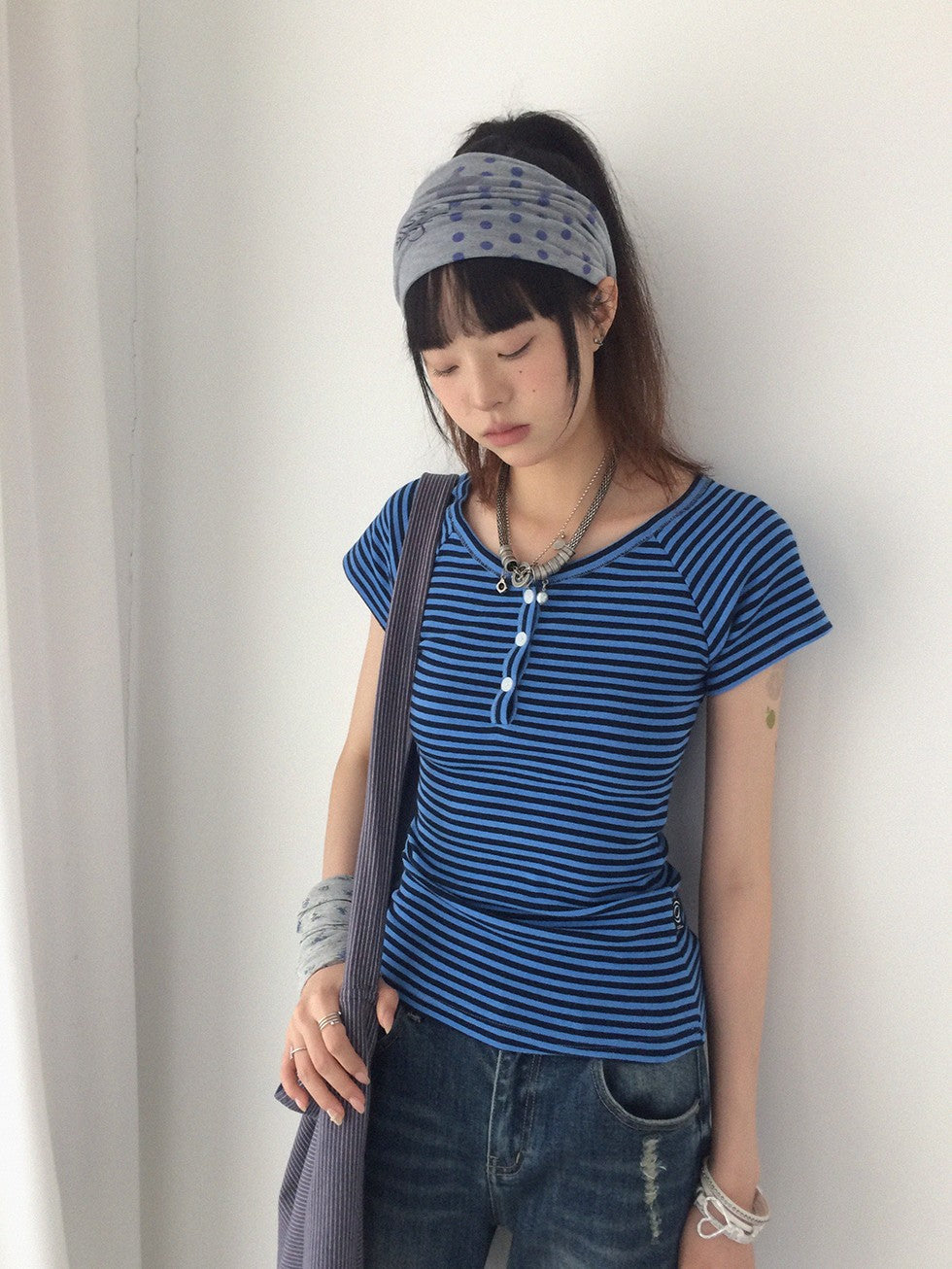innomoood Blueberry Stripe Colorblock V-neck Open Front Slim Women&