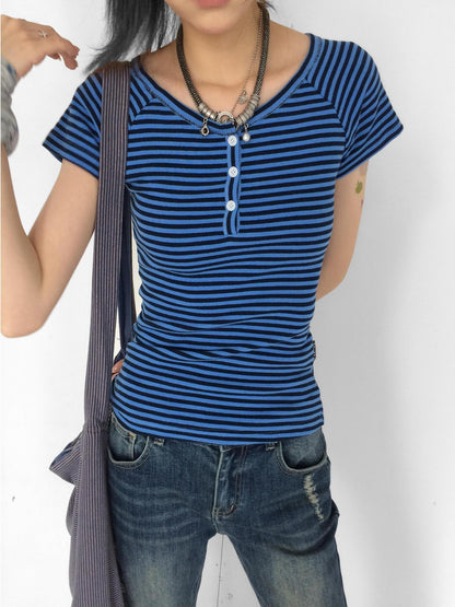 innomoood Blueberry Stripe Colorblock V-neck Open Front Slim Women&