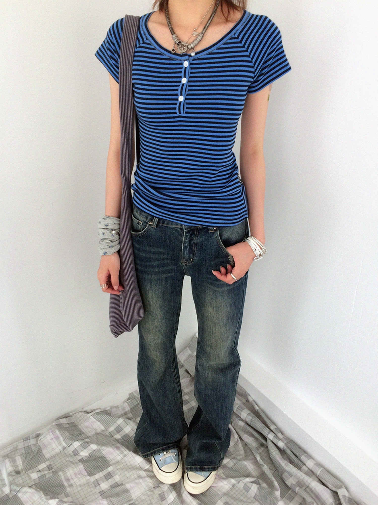 innomoood Blueberry Stripe Colorblock V-neck Open Front Slim Women&