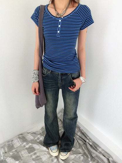 innomoood Blueberry Stripe Colorblock V-neck Open Front Slim Women&