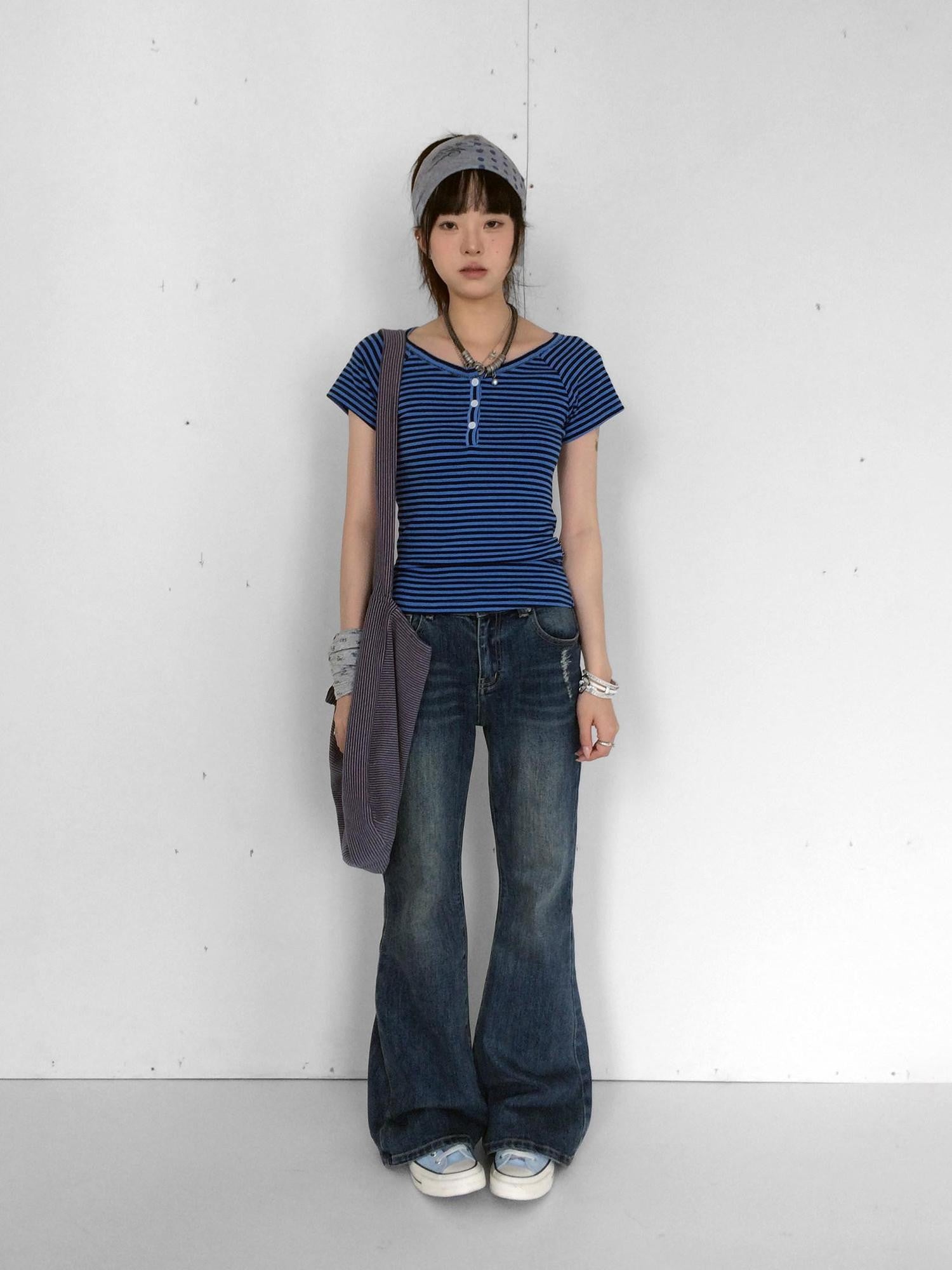 innomoood Blueberry Stripe Colorblock V-neck Open Front Slim Women&