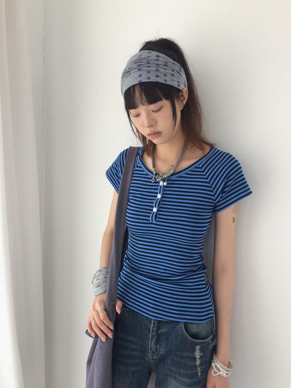 innomoood Blueberry Stripe Colorblock V-neck Open Front Slim Women&