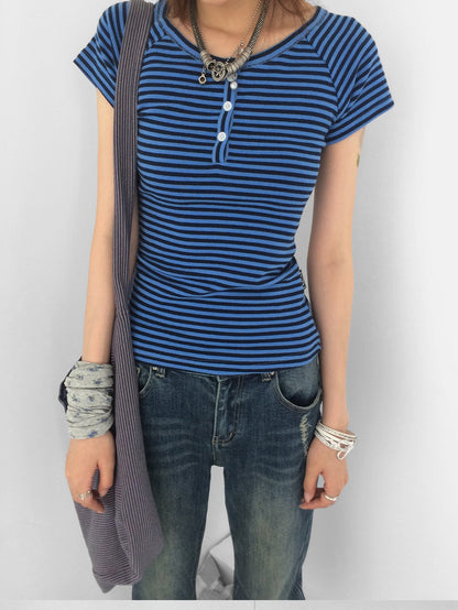 innomoood Blueberry Stripe Colorblock V-neck Open Front Slim Women&