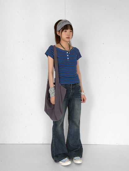 innomoood Blueberry Stripe Colorblock V-neck Open Front Slim Women&
