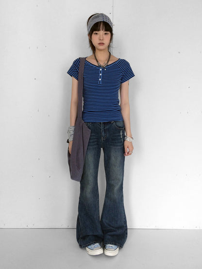 innomoood Blueberry Stripe Colorblock V-neck Open Front Slim Women&