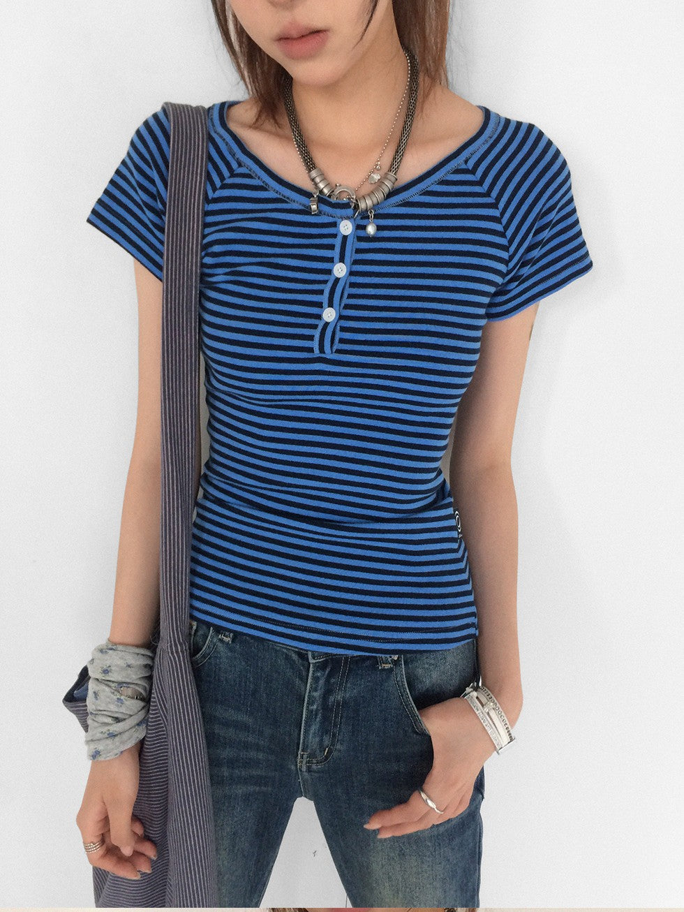 innomoood Blueberry Stripe Colorblock V-neck Open Front Slim Women&